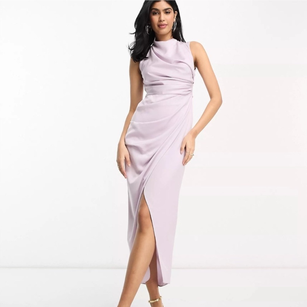 ASOS DESIGN satin drape dress with wrap skirt in lilac